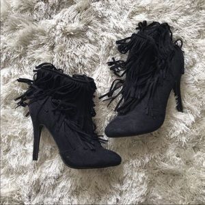 New Black Faux Suede Fringe Stiletto Heel Booties